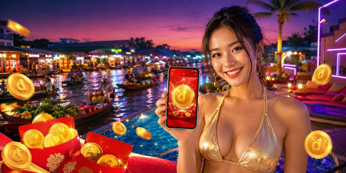 Bối cảnh đèn neon Cần Thơ với phong bì đỏ may mắn và thông báo nhận bonus khi nạp tiền lần đầu